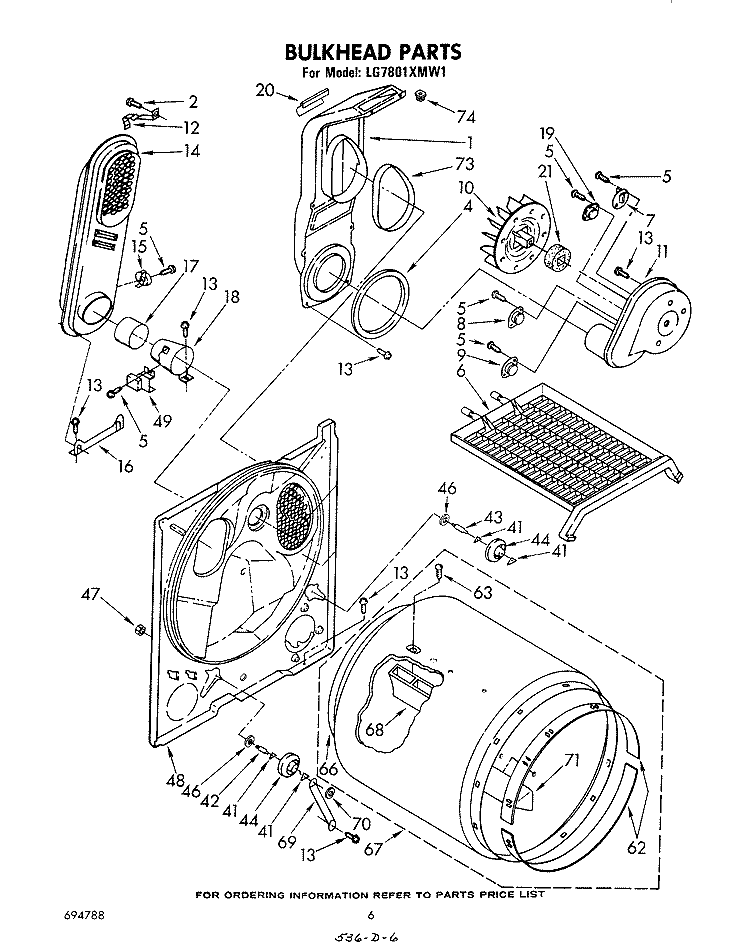 BULKHEAD Diagram and Parts List for LG7801XMW1  Whirlpool Dryer