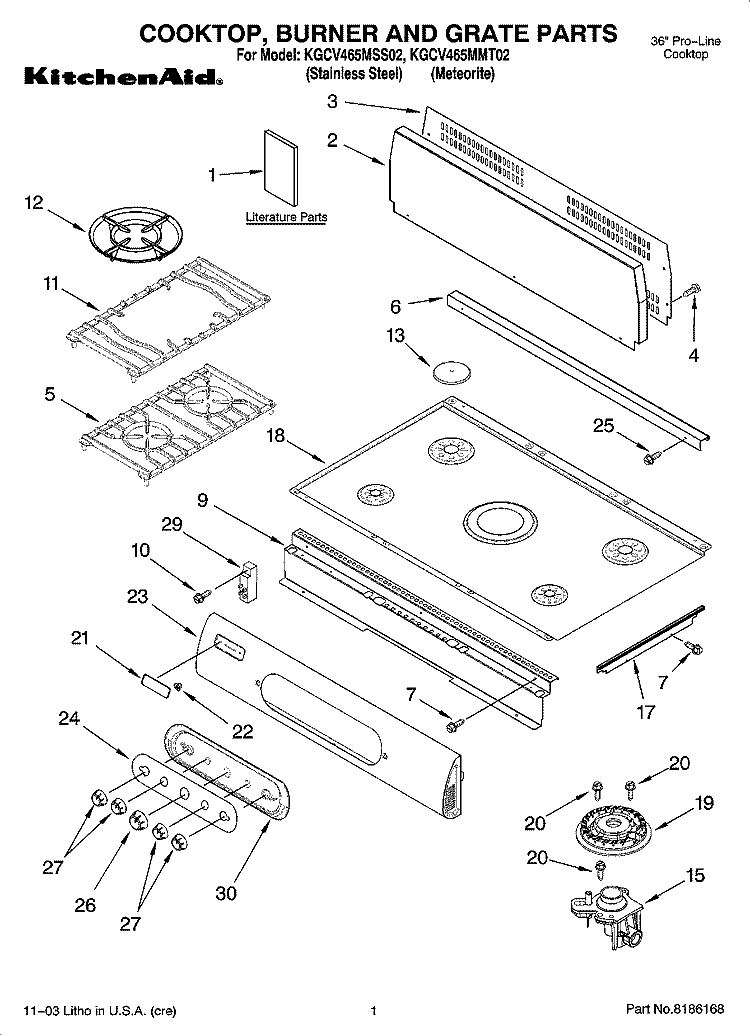 COOKTOP, BURNER AND GRATE PARTS Diagram and Parts List for KGCV465MMT02  KitchenAid Cooktop