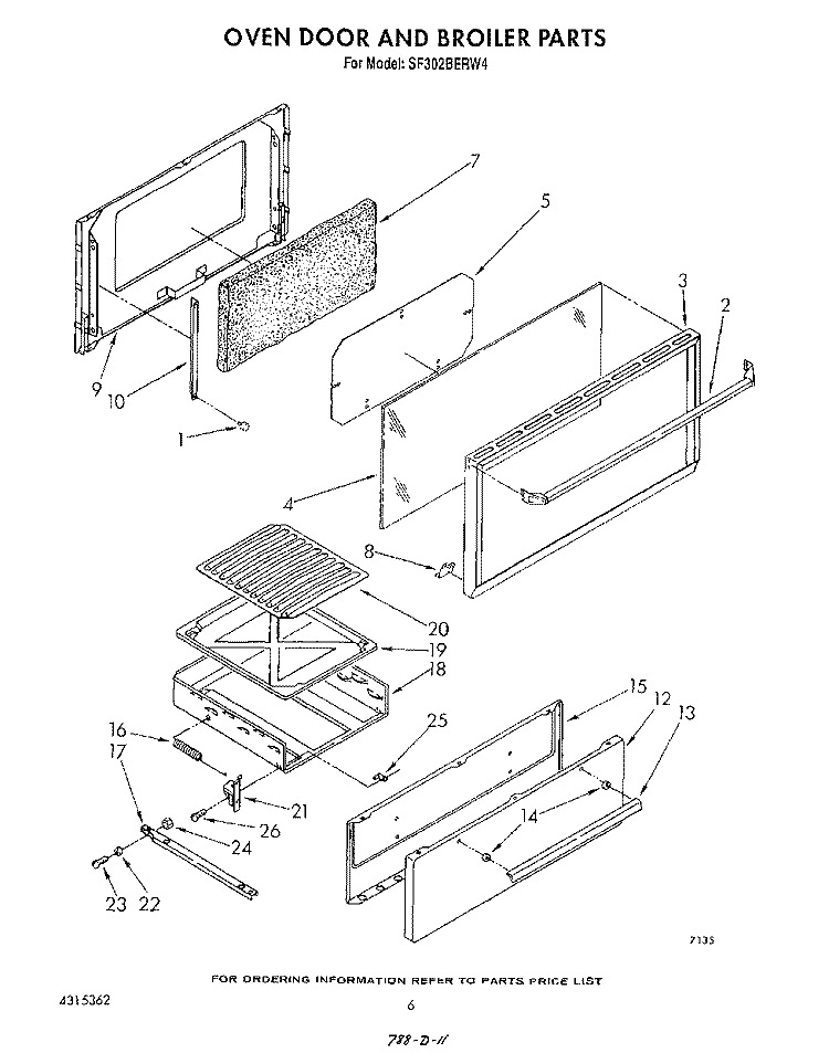 OVEN DOOR AND BROILER Diagram and Parts List for SF302BERW4  Whirlpool Range