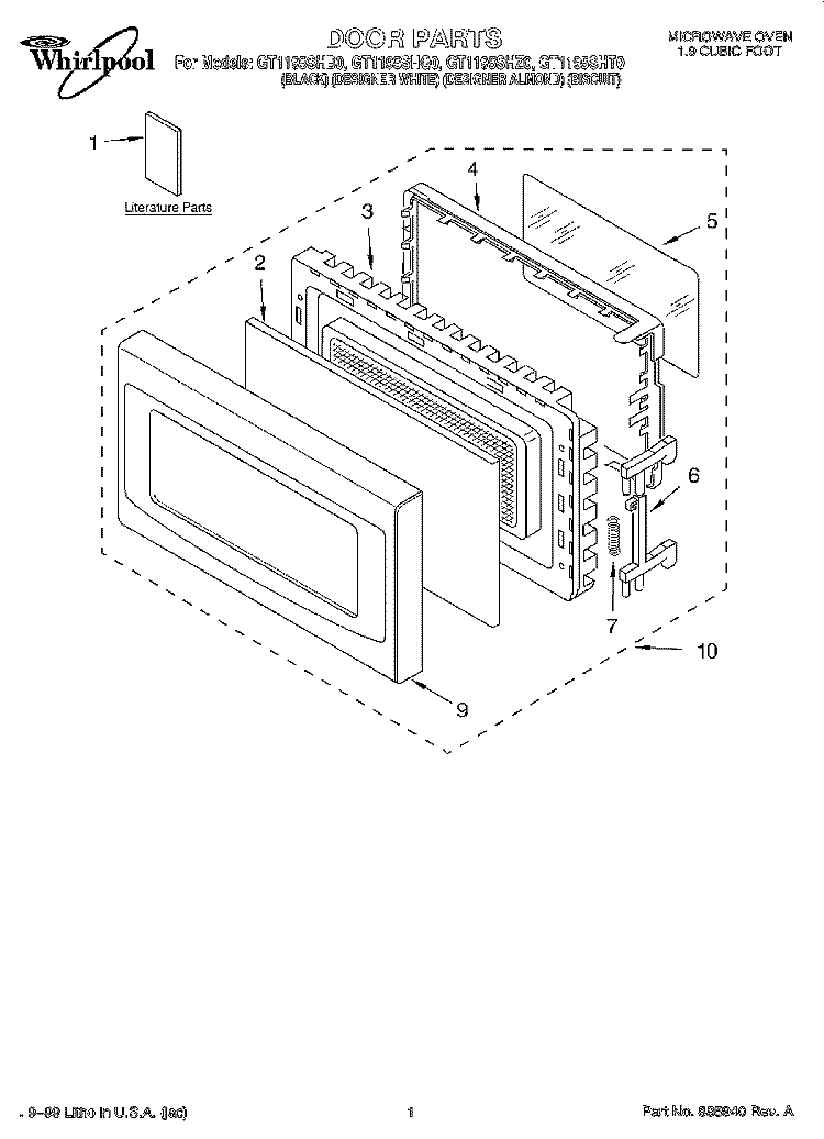 DOOR, LITERATURE Diagram and Parts List for GT1195SHB0  Whirlpool Microwave