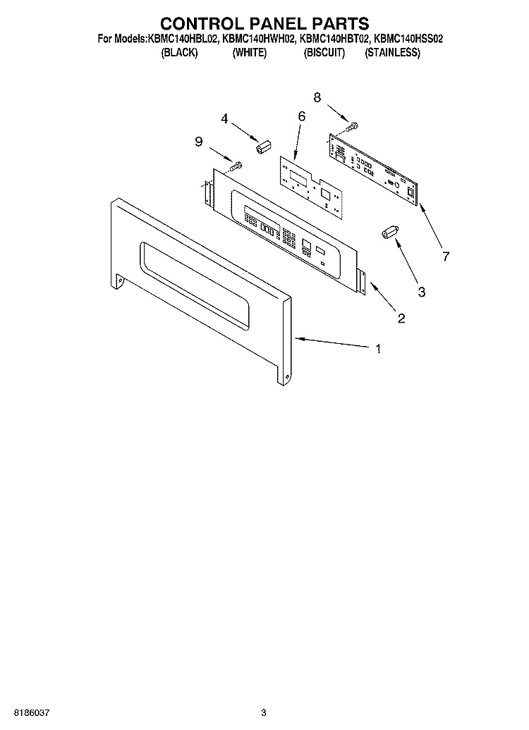 CONTROL PANEL PARTS Diagram and Parts List for KBMC140HBT02  KitchenAid Microwave Oven Combo
