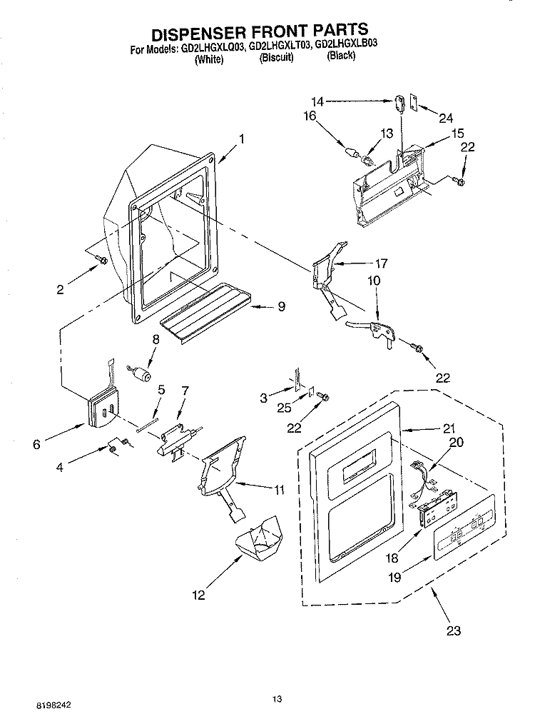 DISPENSER FRONT Diagram and Parts List for GD2LHGXLT03  Whirlpool Refrigerator