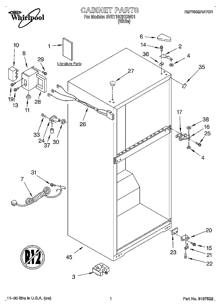 CABINET, LITERATURE Diagram and Parts List for 3VET16GKGW01  Whirlpool Refrigerator