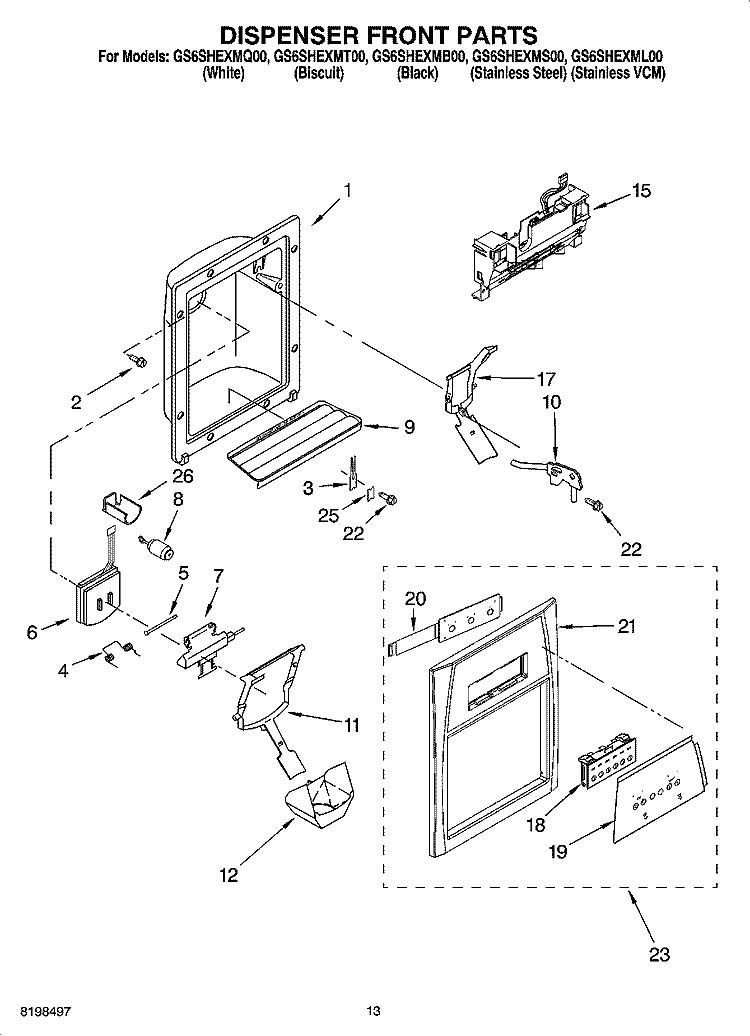 DISPENSER FRONT PARTS Diagram and Parts List for GS6SHEXML00  Whirlpool Refrigerator
