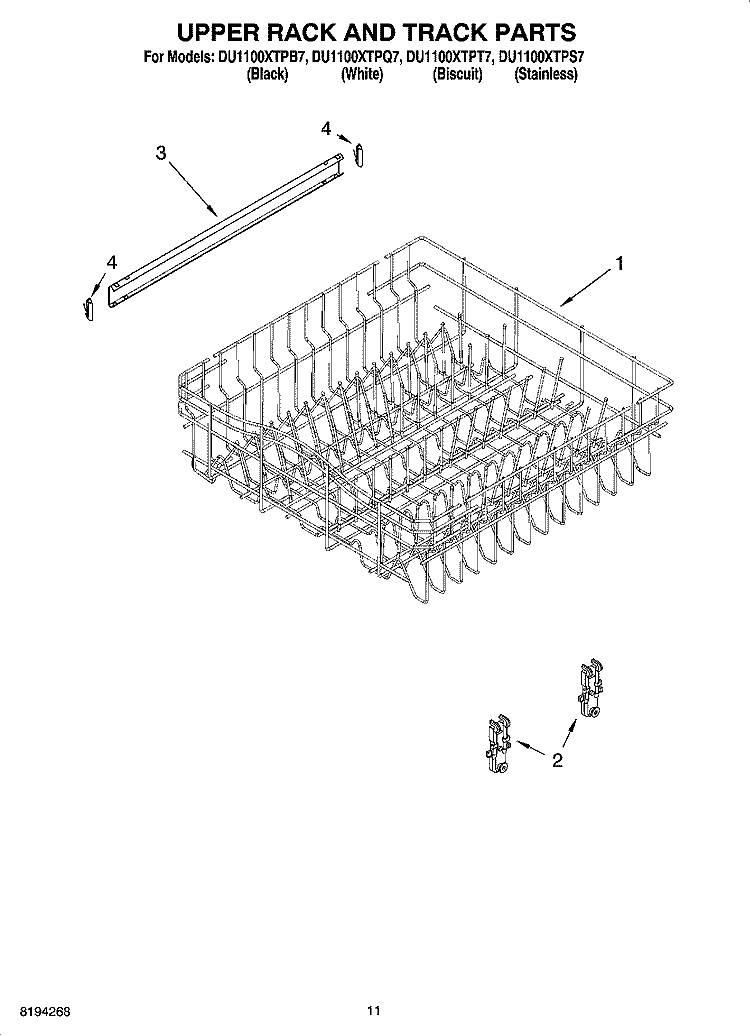 UPPER RACK AND TRACK PARTS Diagram and Parts List for DU1100XTPB7  Whirlpool Dishwasher