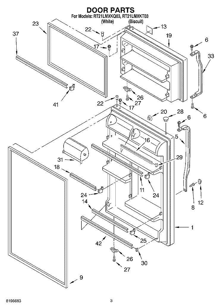 DOOR PARTS Diagram and Parts List for RT21LMXKQ03  Roper Refrigerator
