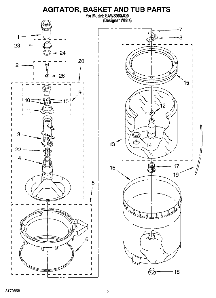 AGITATOR, BASKET AND TUB Diagram and Parts List for SAWS900JQ0  Whirlpool Washer