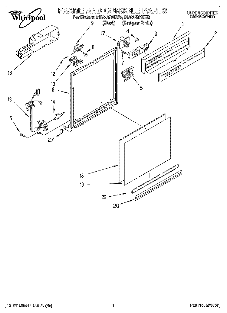 FRAME AND CONSOLE Diagram and Parts List for DU930QWDB6  Whirlpool Dishwasher