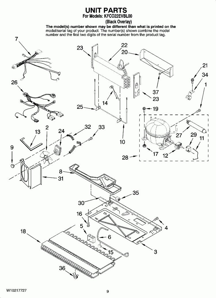 UNIT PARTS Diagram and Parts List for KFCO22EVBL00  KitchenAid Refrigerator