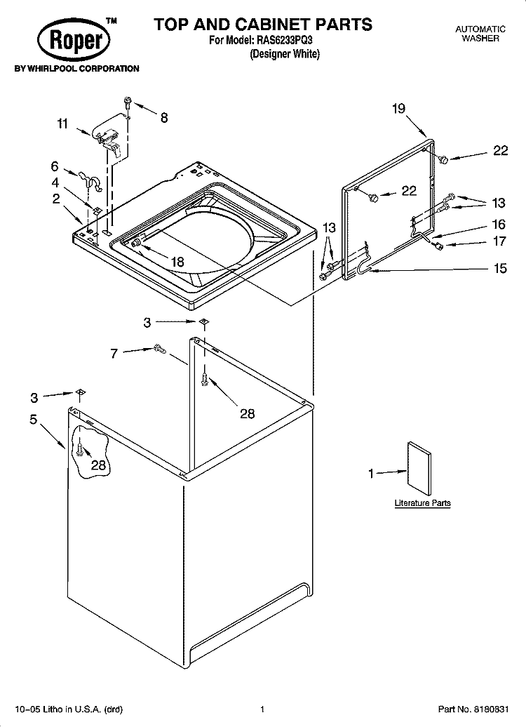 TOP AND CABINET PARTS Diagram and Parts List for RAS6233PQ3  Roper Washer
