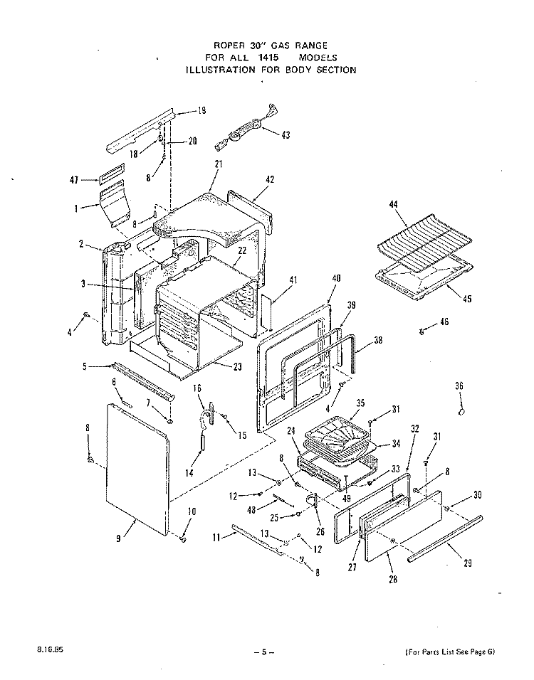 BODY Diagram and Parts List for 1415W1A  Roper Range