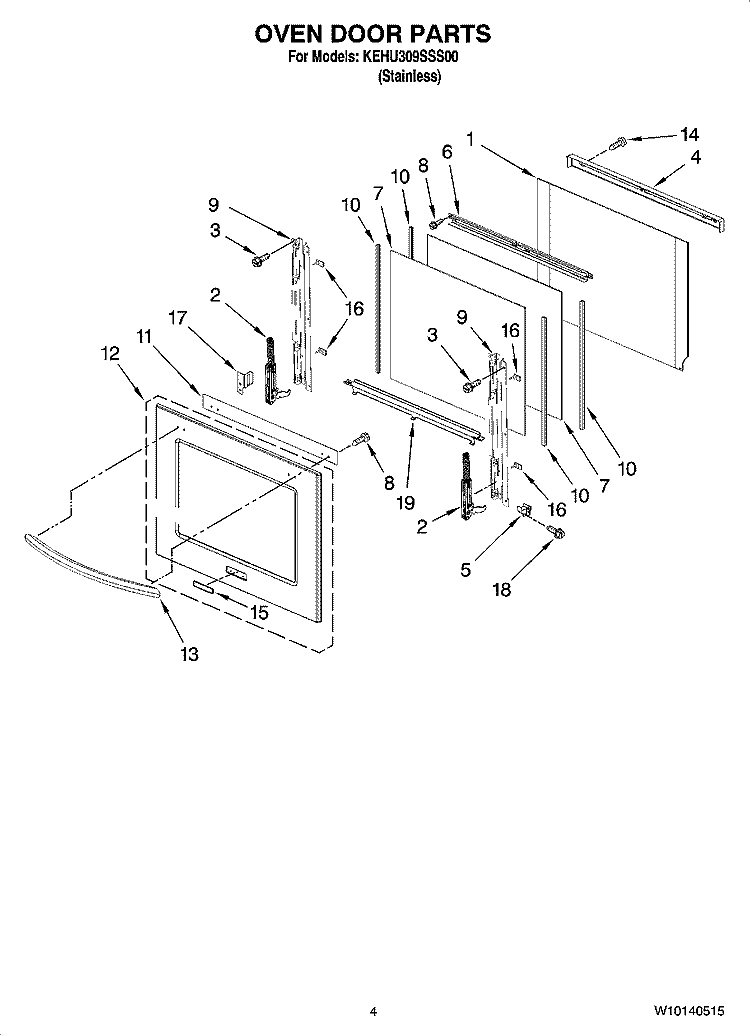 OVEN DOOR PARTS Diagram and Parts List for KEHU309SSS00  KitchenAid Microwave Oven Combo