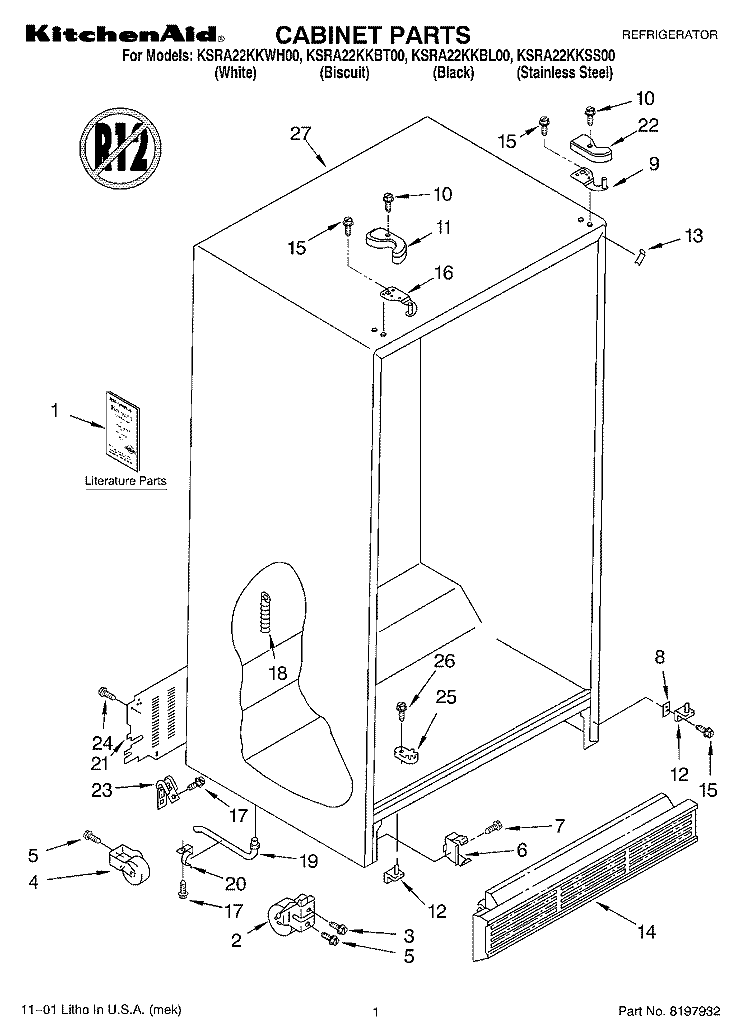 CABINET, LITERATURE Diagram and Parts List for KSRA22KKBT00  KitchenAid Refrigerator