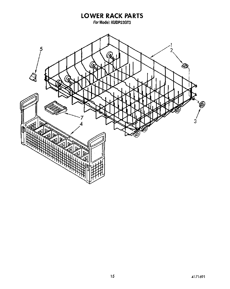 LOWER RACK Diagram and Parts List for KUDP22GT3  KitchenAid Dishwasher