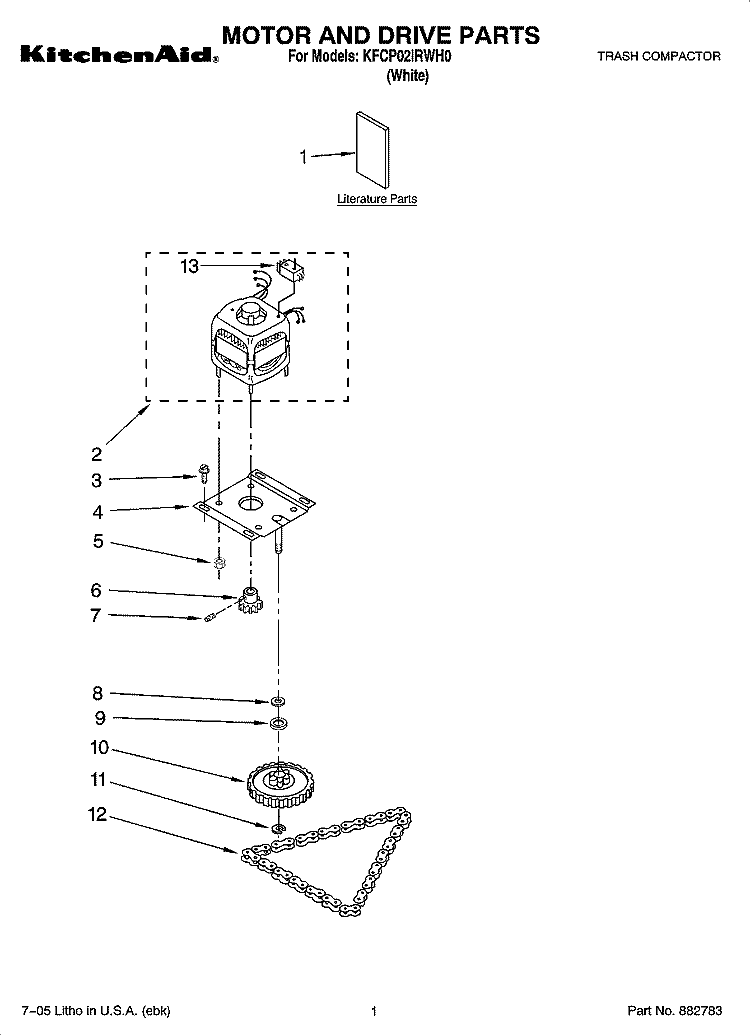 MOTOR AND DRIVE PARTS Diagram and Parts List for KFCP02IRWH0  KitchenAid Trash Compactor