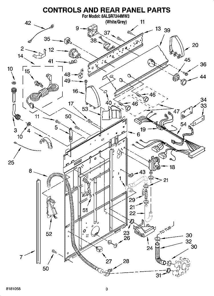 CONTROLS AND REAR PANEL PARTS Diagram and Parts List for 6ALSR7244MW3  Whirlpool Washer