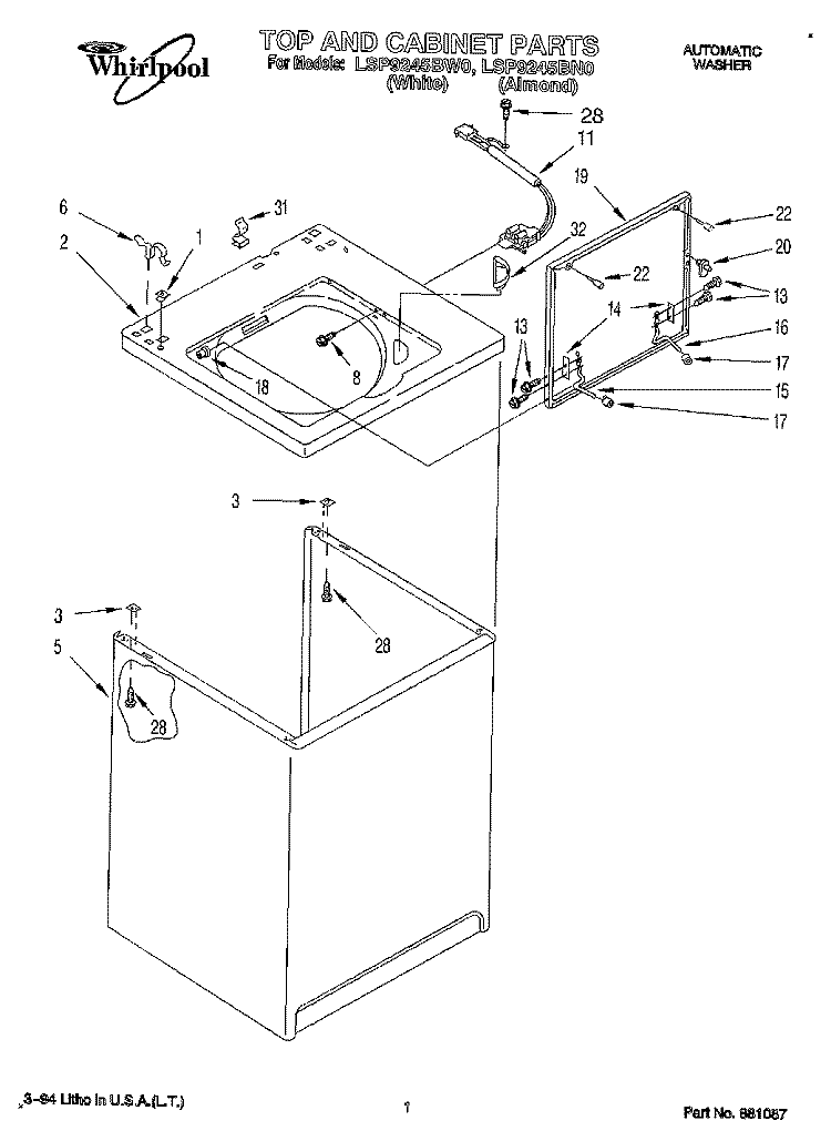 TOP AND CABINET, LIT/OPTIONAL Diagram and Parts List for LSP9245BW0  Whirlpool Washer