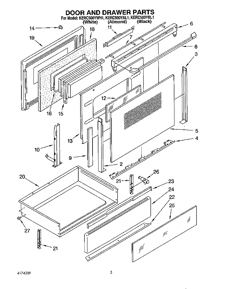DOOR AND DRAWER Diagram and Parts List for KERC500YBL1  KitchenAid Range