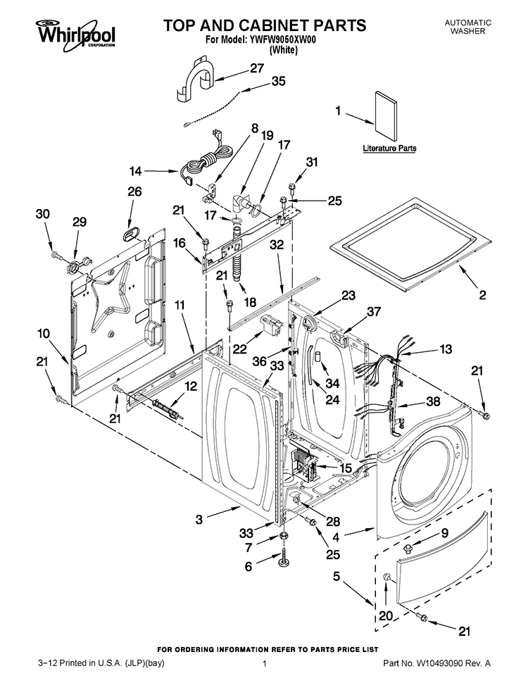 TOP AND CABINET PARTS Diagram and Parts List for YWFW9050XW00  Whirlpool Washer