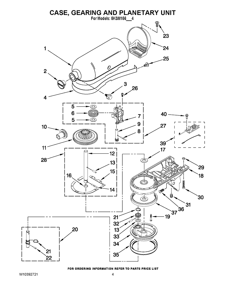 CASE, GEARING AND PLANETARY UNIT Diagram and Parts List for 5KSM156EEB4  KitchenAid Mixer