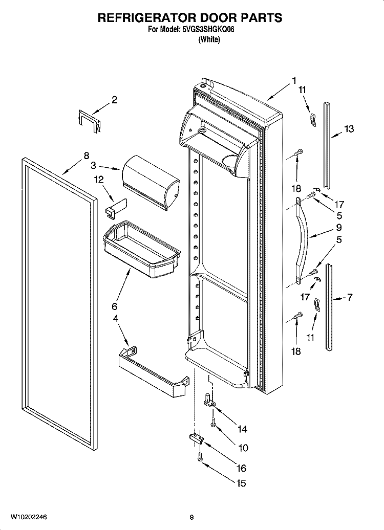 REFRIGERATOR DOOR PARTS Diagram and Parts List for 5VGS3SHGKQ06  Whirlpool Refrigerator