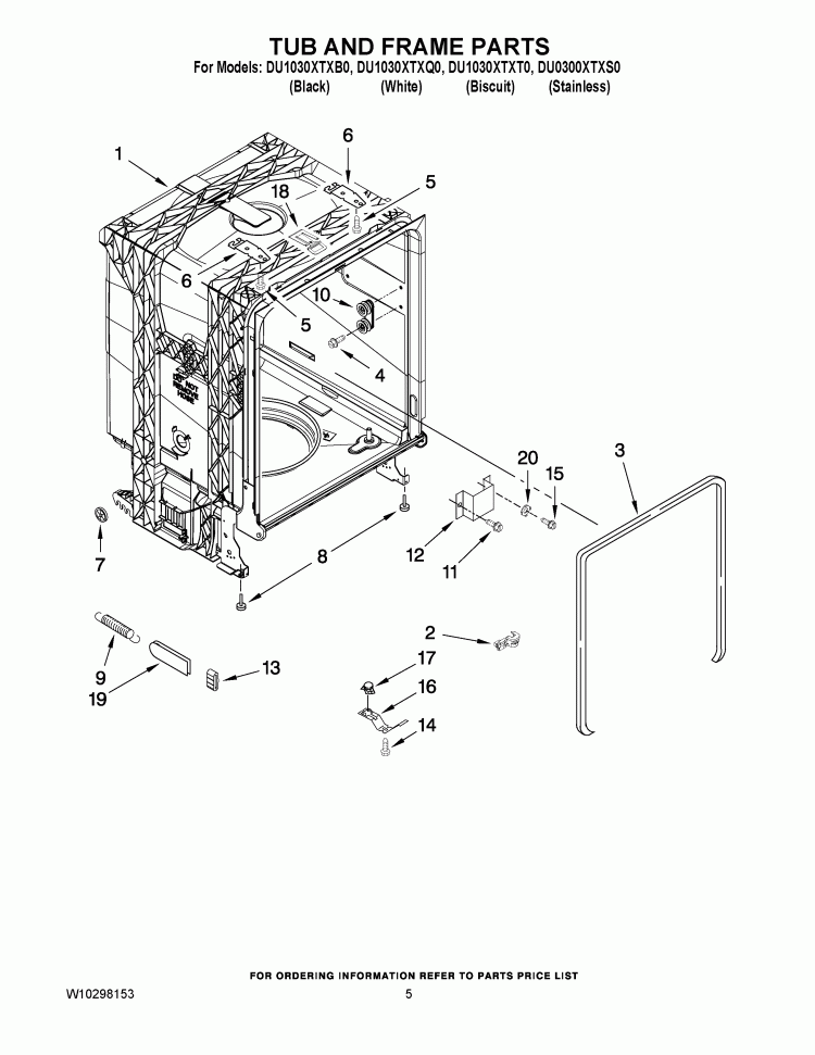 TUB AND FRAME PARTS Diagram and Parts List for DU0300XTXS0  Whirlpool Dishwasher