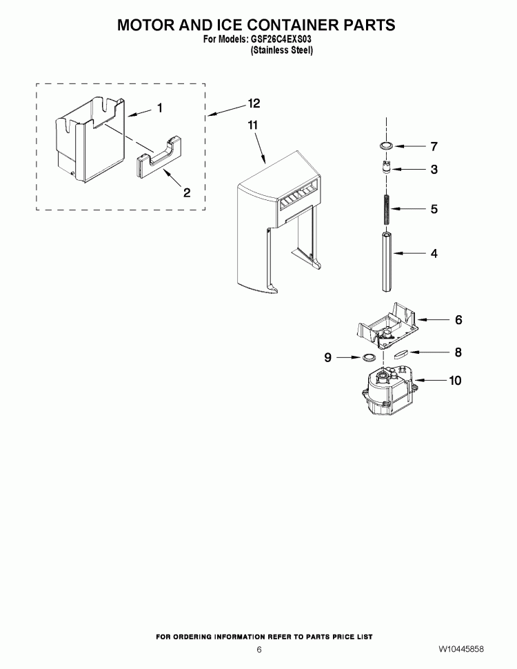 MOTOR AND ICE CONTAINER PARTS Diagram and Parts List for GSF26C4EXS03  Whirlpool Refrigerator
