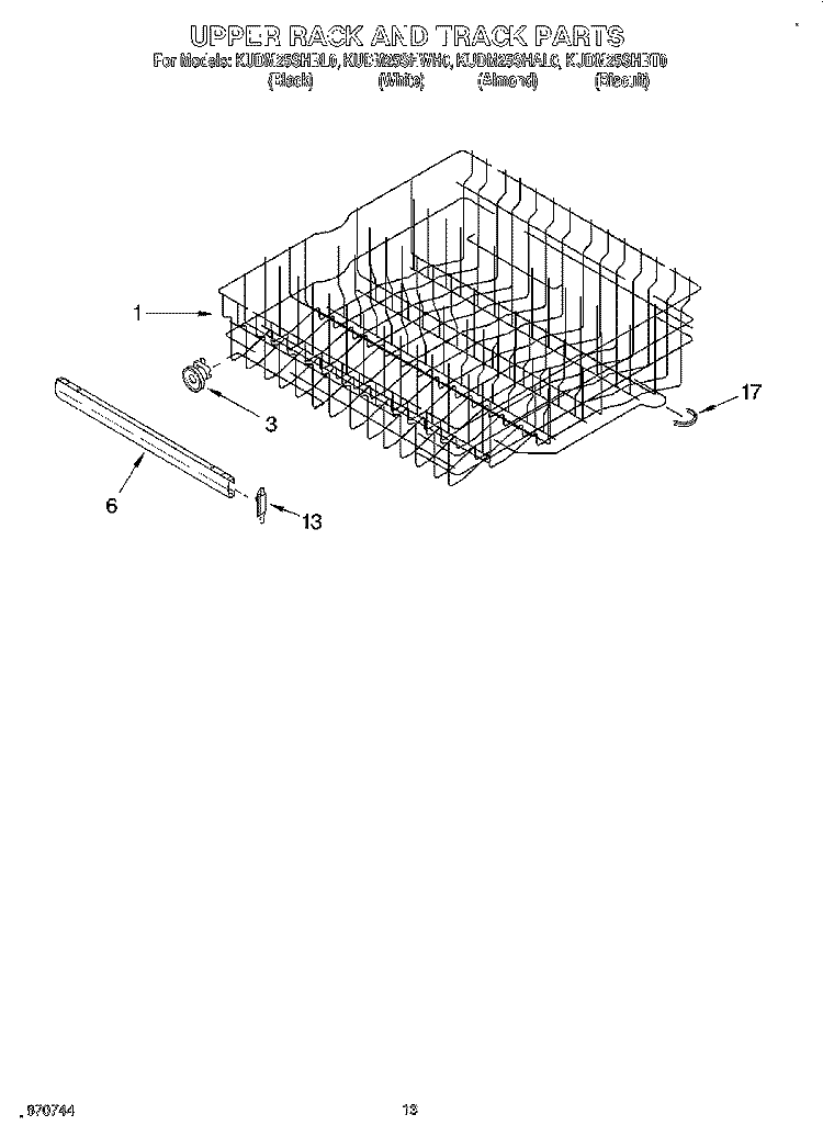 UPPER RACK AND TRACK Diagram and Parts List for KUDM25SHBL0  KitchenAid Dishwasher