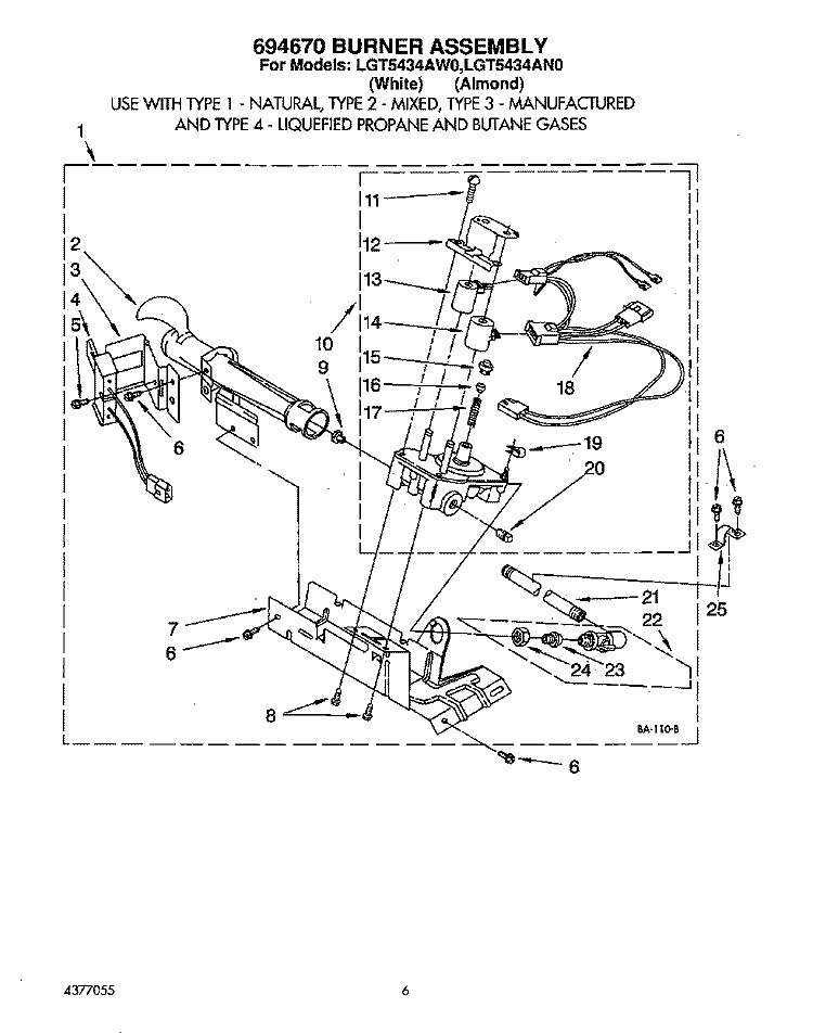 694670 BURNER Diagram and Parts List for LGT5434AW0  Whirlpool Dryer