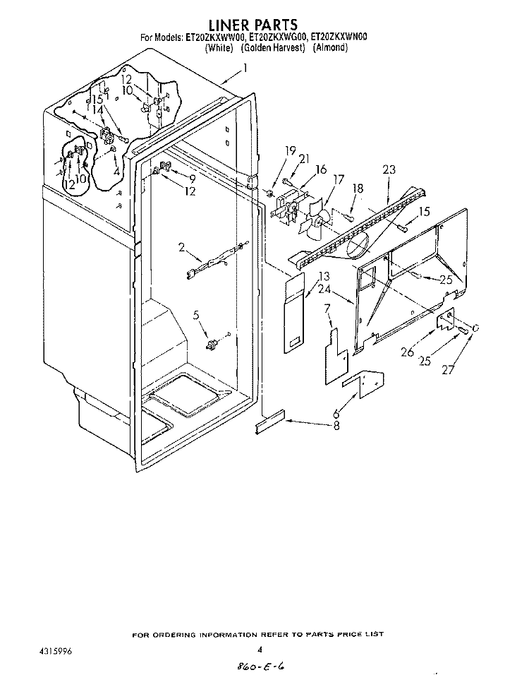 LINER Diagram and Parts List for ET20ZKXWG00  Whirlpool Refrigerator