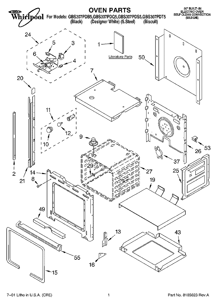OVEN, LITERATURE Diagram and Parts List for GBS307PDB5  Whirlpool Wall Oven