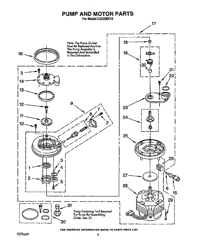 PUMP AND MOTOR Diagram and Parts List for DU9200XY0  Whirlpool Dishwasher