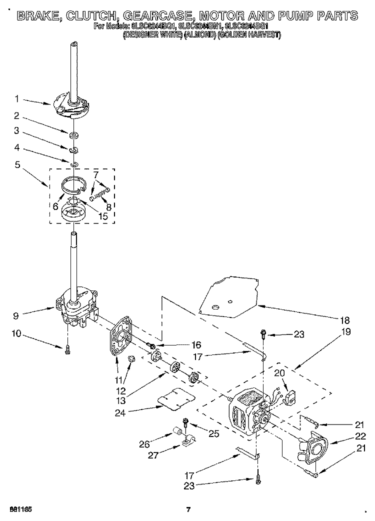 BRAKE, CLUTCH, GEARCASE, MOTOR & PUMP Diagram and Parts List for 8LSC6244BN1  Whirlpool Washer