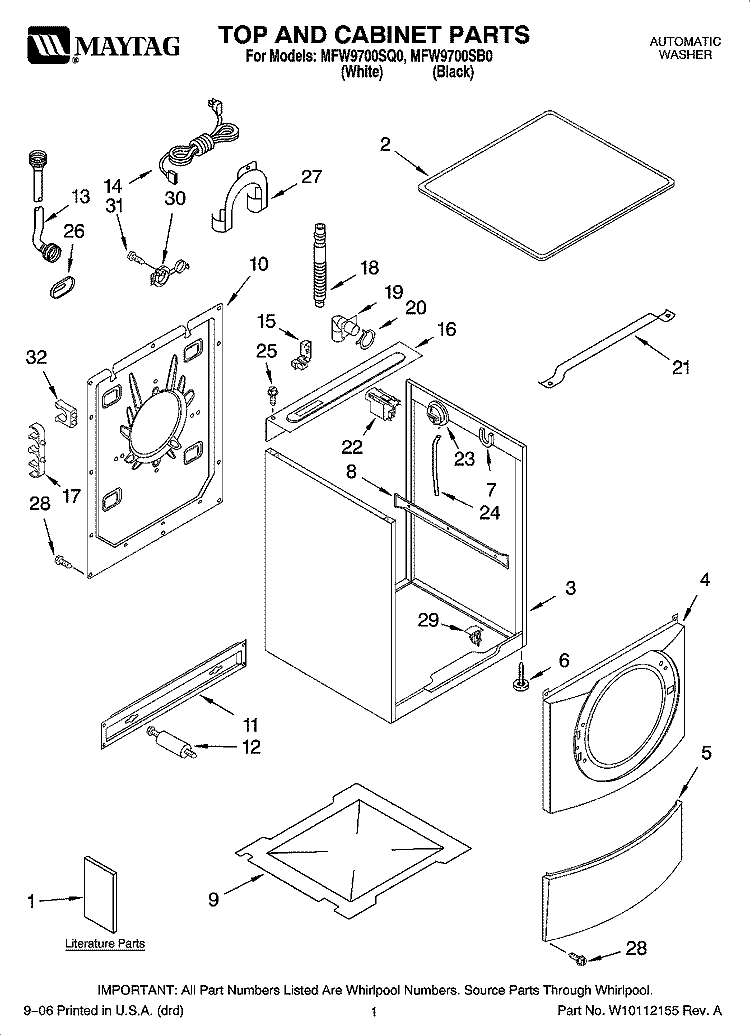 TOP AND CABINET PARTS Diagram and Parts List for MFW9700SQ0  Whirlpool Washer