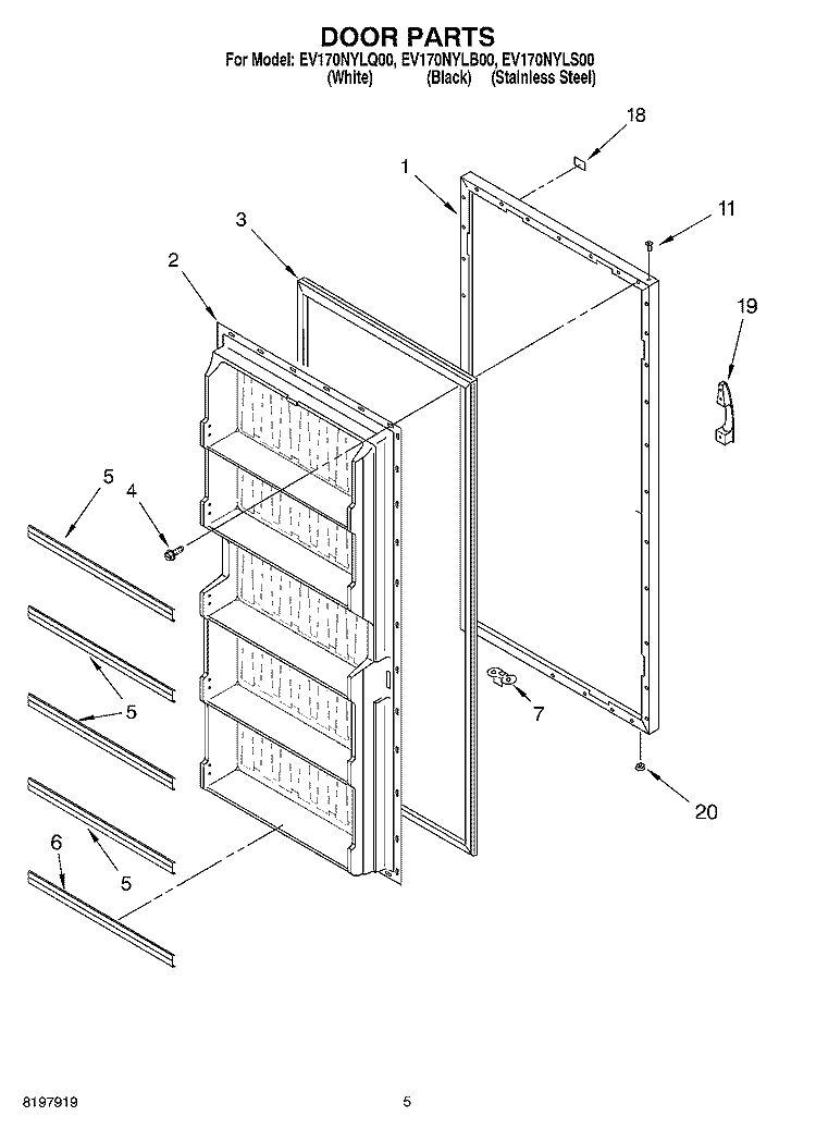 DOOR Diagram and Parts List for EV170NYLB00  Whirlpool Freezer