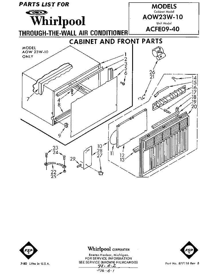 CABINET AND FRONT Diagram and Parts List for A0W23W10  Whirlpool Air Conditioner