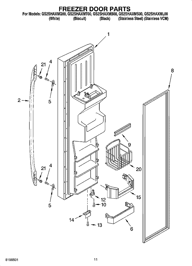FREEZER DOOR PARTS Diagram and Parts List for GS2SHAXMS00  Whirlpool Refrigerator