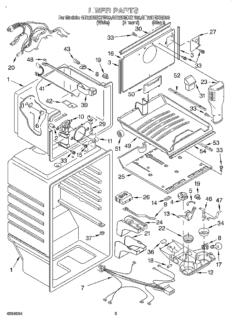 LINER Diagram and Parts List for GT22DMXGN00  Whirlpool Refrigerator