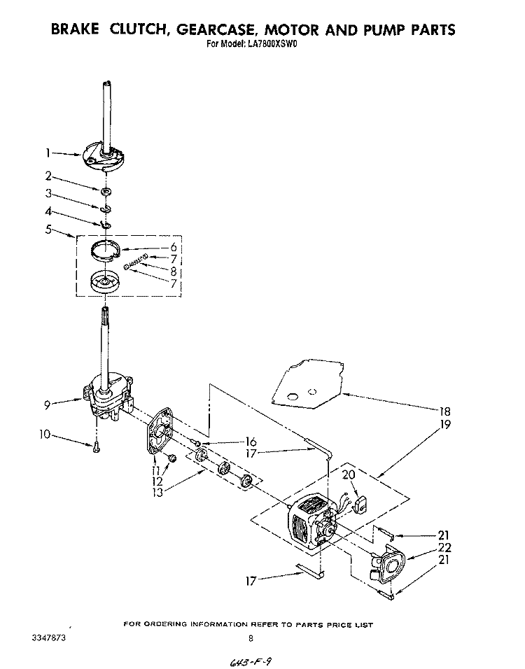BRAKE, CLUTCH, GEARCASE, MOTOR AND PUMP Diagram and Parts List for LA7800XSW0  Whirlpool Washer