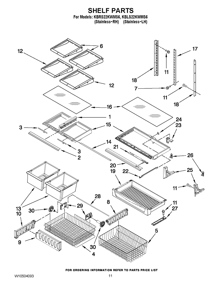 SHELF PARTS Diagram and Parts List for KBRS22KWMS6  KitchenAid Refrigerator