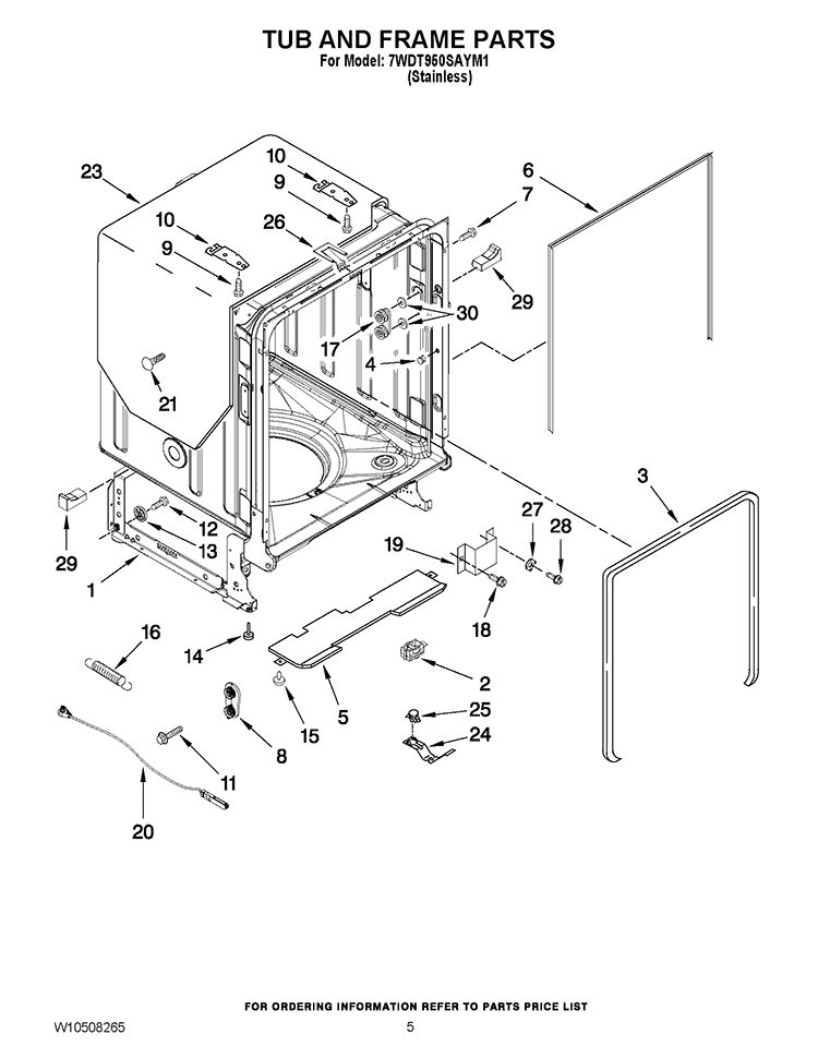 TUB AND FRAME PARTS Diagram and Parts List for 7WDT950SAYM1  Whirlpool Dishwasher