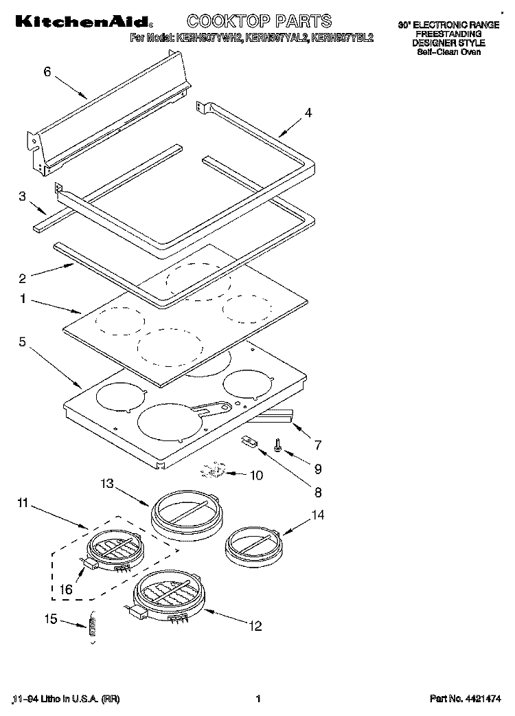 COOKTOP, LITERATURE Diagram and Parts List for KERH507YAL2  KitchenAid Range