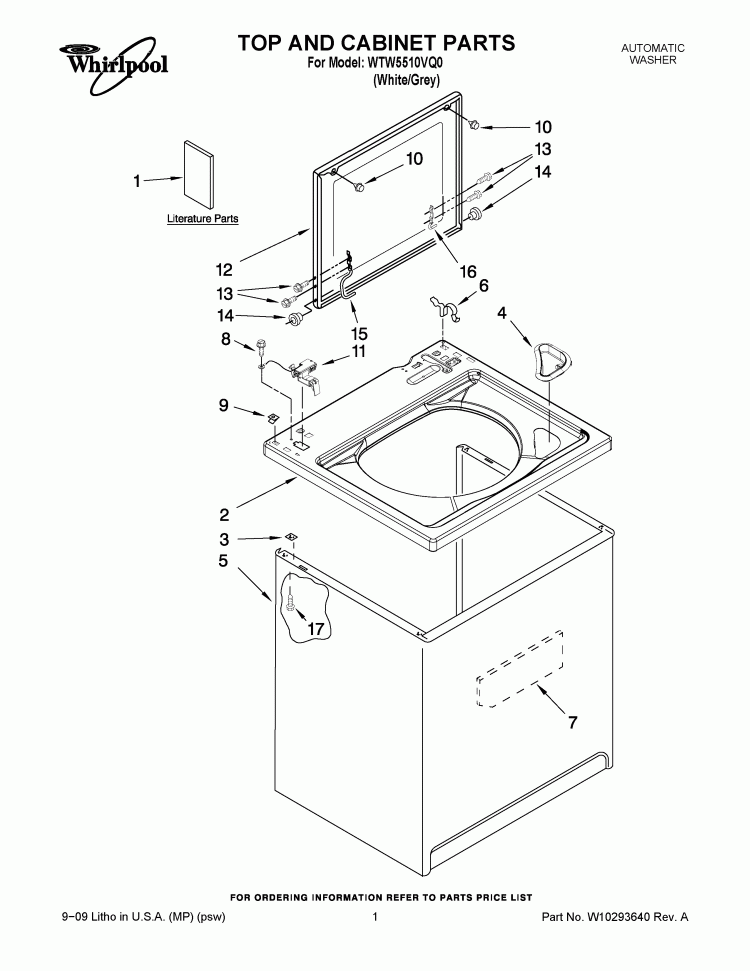 TOP AND CABINET PARTS Diagram and Parts List for WTW5510VQ0  Whirlpool Washer