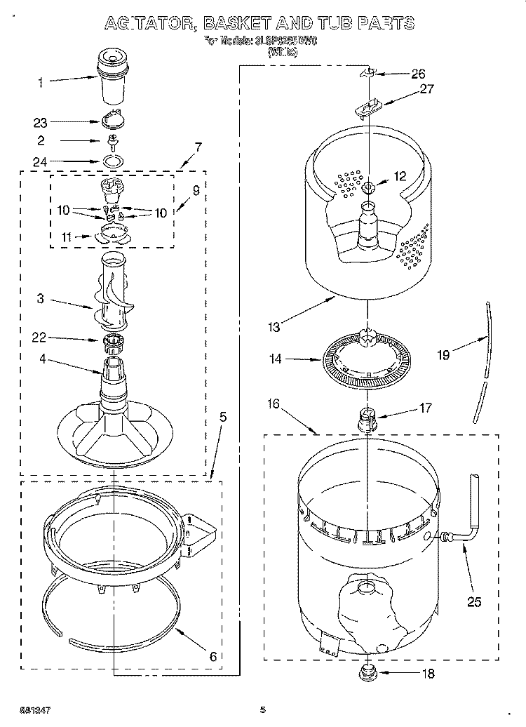 AGITATOR, BASKET AND TUB Diagram and Parts List for 3LSP8255DW0  Whirlpool Washer