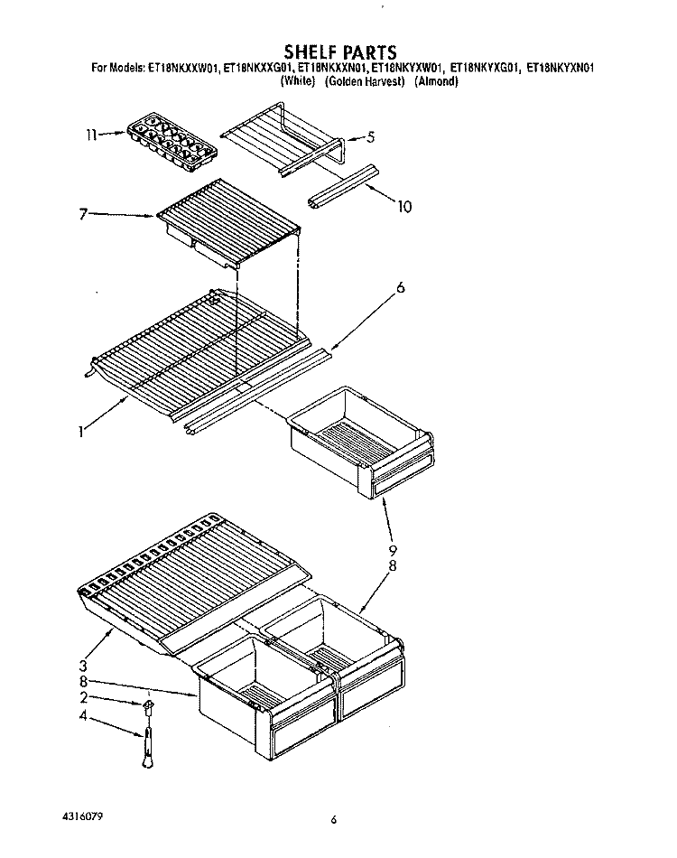SHELF Diagram and Parts List for ET18NKXXG01  Whirlpool Refrigerator