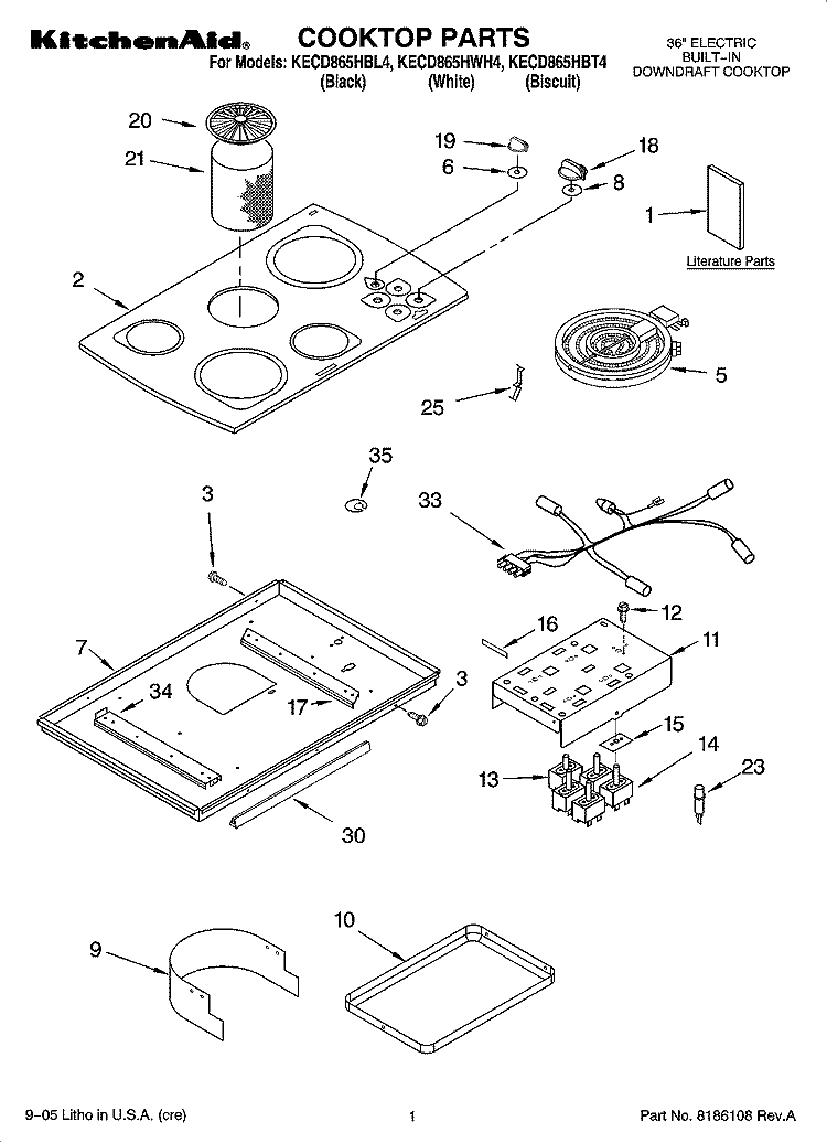 COOKTOP PARTS Diagram and Parts List for KECD865HWH4  KitchenAid Cooktop