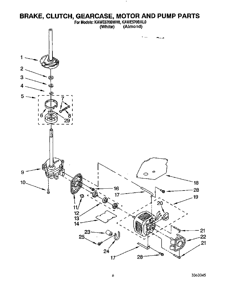 BRAKE, CLUTCH, GEARCASE, MOTOR AND PUMP Diagram and Parts List for KAWE570BWH0  KitchenAid Washer