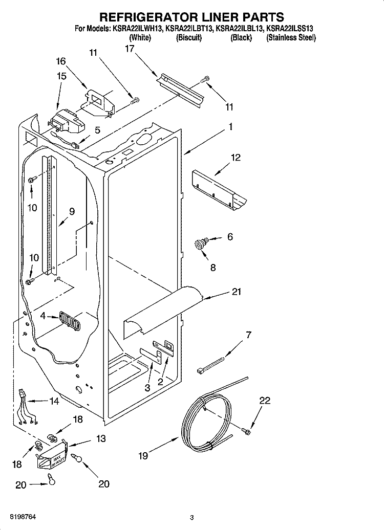 REFRIGERATOR LINER PARTS Diagram and Parts List for KSRA22ILBL13  KitchenAid Refrigerator