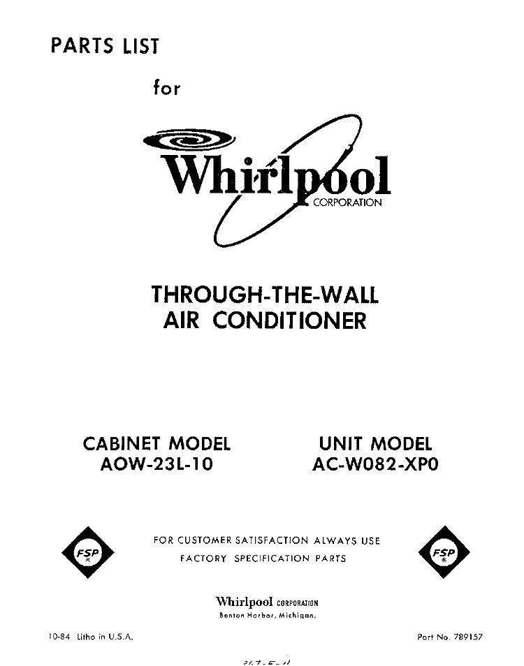 SECTION Diagram and Parts List for ACW082XP0  Whirlpool Air Conditioner