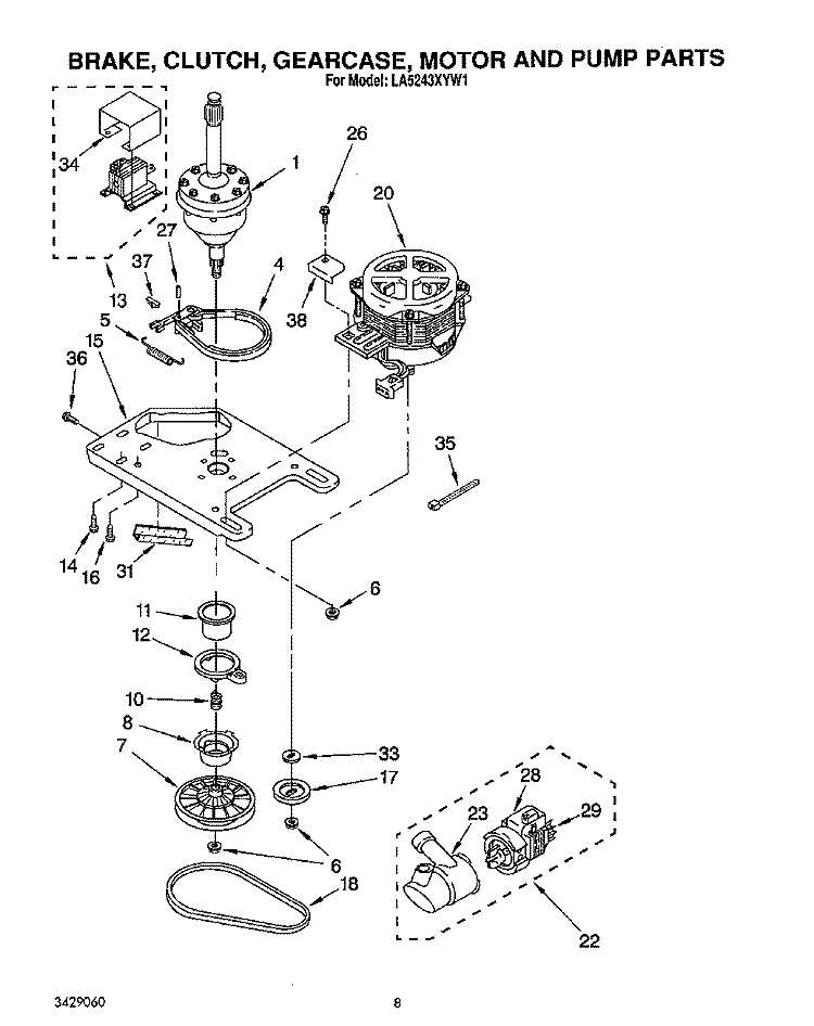 BRAKE, CLUTCH, GEARCASE, MOTOR AND PUMP Diagram and Parts List for LA5243XYW1  Whirlpool Washer